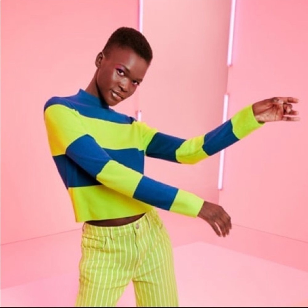 VICTOR Glemaud X Target Striped Mock Turtleneck Pullover Sweater Teal/Lime